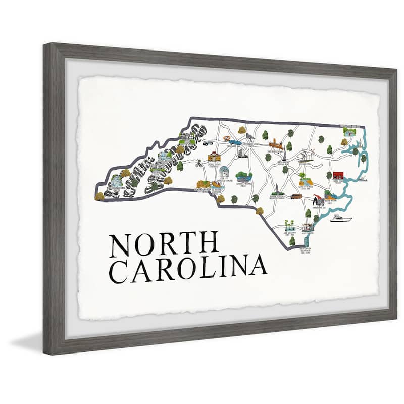 'North Carolina Landmarks Map' Framed Painting Print