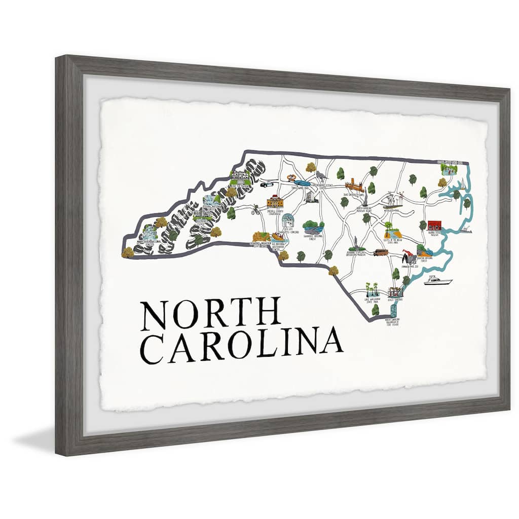 'North Carolina Landmarks Map' Framed Painting Print