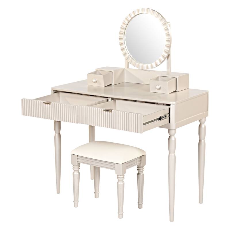 Vanity Desk with Adjustable Round Mirror, Wooden Dressing Table Set, Makeup Vanity Table with 4 Drawers & Cushioned Stool