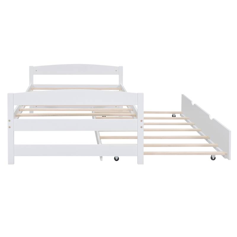 Twin Platform Bed with Twin Trundle - Sturdy Pine Wood Frame, Headboard, Footboard, and Space-Saving Design