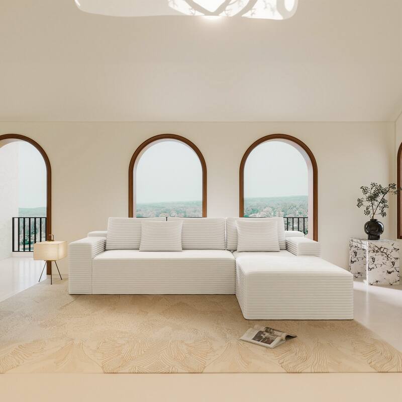 Modular Sectional Sofa with L-Shape Chaise Lounge, Corduroy Upholstered Cloud Couch, Full Compression Deep Seat Corner Sofa