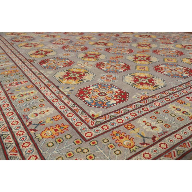 Hand Knotted Oriental 100% Wool Carpet Traditional Geometric Greys & Charcoal Kazak Area Rug - 11' 4'' X 8' 5''