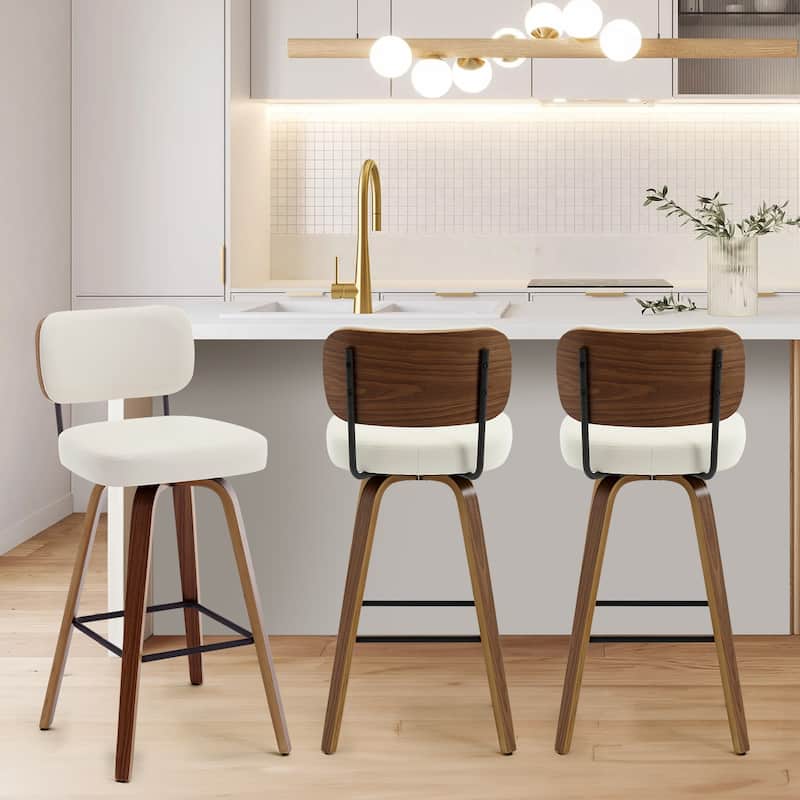 26"/29" Swivel Bar Stools/ Counter Stools with Bentwood Legs - Set of 3 - Cream White-PU Back - Bar Height