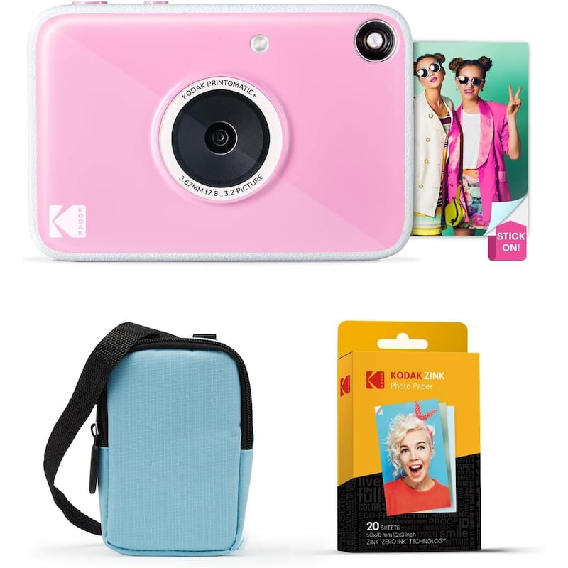KODAK Printomatic+ Instant Camera Bundle 10MP w/ Blue Case & 20 Zink Paper - Pink