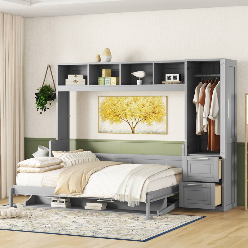 Roomfitters Queen Size Wall Murphy Bed with Wardrobe, Drawers & Storage Shelves