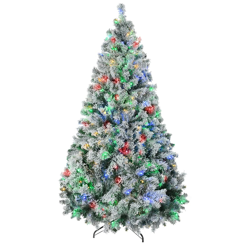 6/7.5FT Tall Prelit Artificial Christmas Tree with Snow Flocked Branches, Warm White or Colorful LED Lights & Steel Base