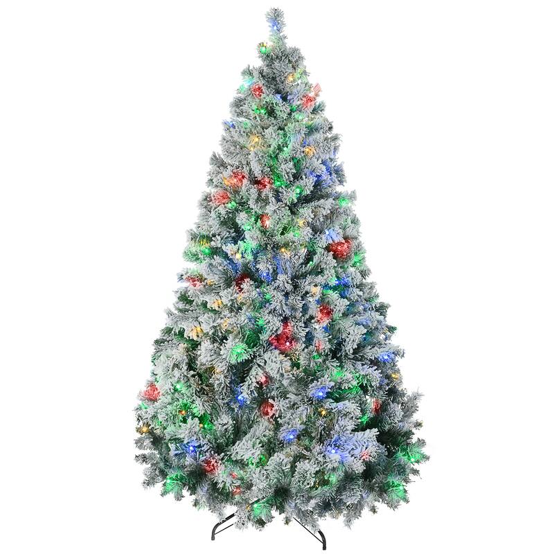 7.5ft Snow Flocked Artificial Xmas Tree with Warm and Colorful LED Lights