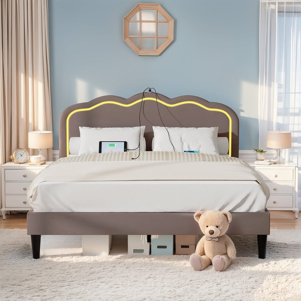 VECELO Luxury Velvet Smart Bed Frame with RGB Headboard & USB/Type-C Charging Height-Adjustable Headboard