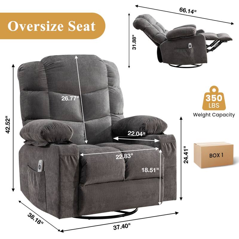 Swivel Massage Recliner Chair with Lumbar Heating, Oversized Lounge Sofa with Cup Holders, USB Port & 2 Side Pockets