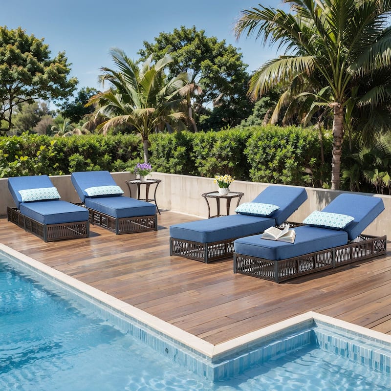 Pocassy Outdoor 5 Inch Reclining Chairs with Adjustable Backrest - 6-Piece Brown Wicker Blue Cushion