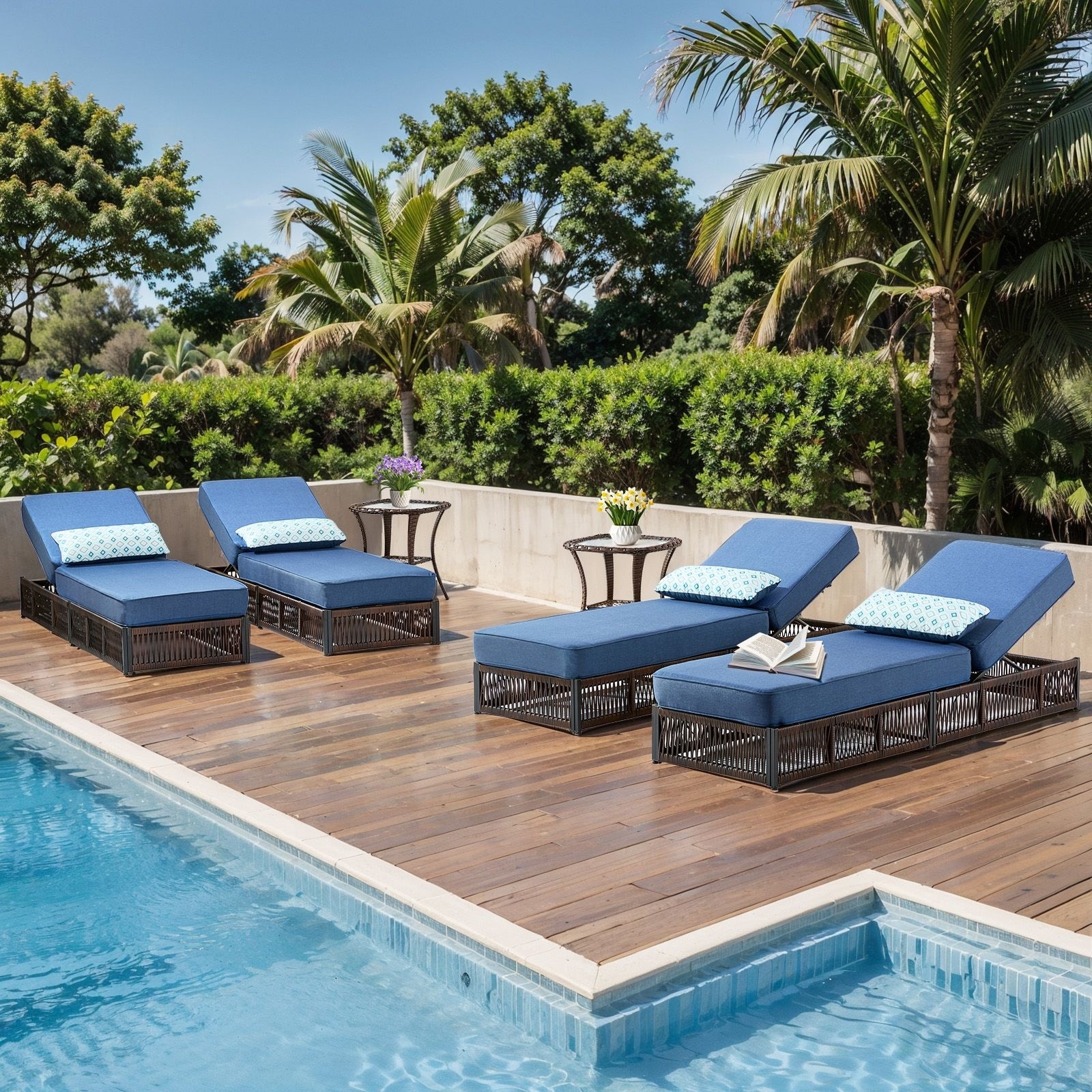 Pocassy 4-Piece Outdoor 5-Inch Thick Cushions Patio Chaise Lounge Chair Table with Adjustable Backrest