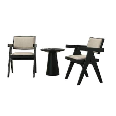 Bili 3pc Dining Armchair and Side Table Set, Open Backrests, Beige, Black