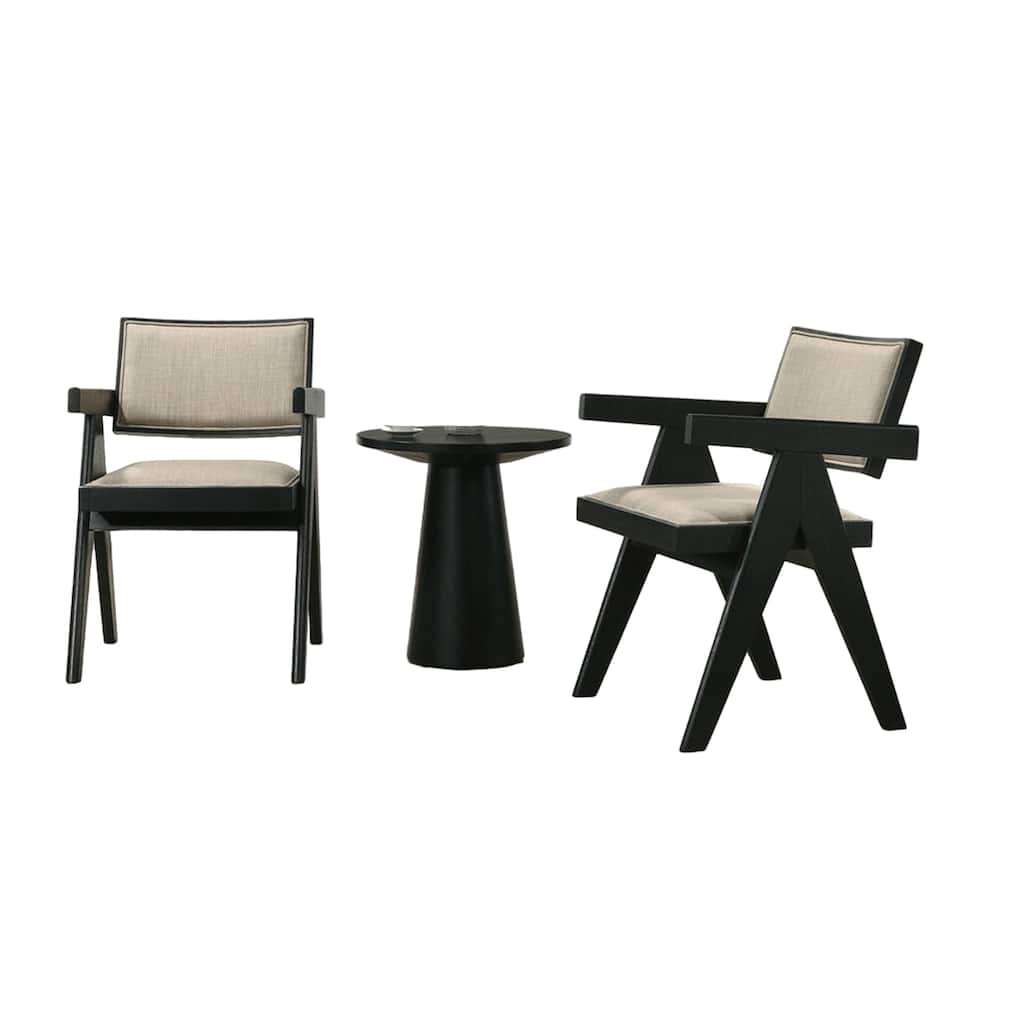 Bili 3pc Dining Armchair and Side Table Set, Open Backrests, Beige, Black