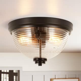 11.8" Modern Industrial 2-Light Black Dome Ribbed Glass Shade Flush Mount Ceiling Light for Hallway, Bathroom & Laundry Room