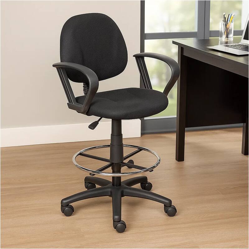 Jea Drafting Stool Chair, Loop Arms, Black Tweed, Round Footring