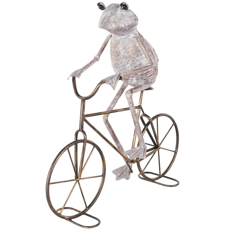 Metal Frog On Bicycle Garden Sculpture with Gold Accents - Green or Copper - Roche River Decor - Copper