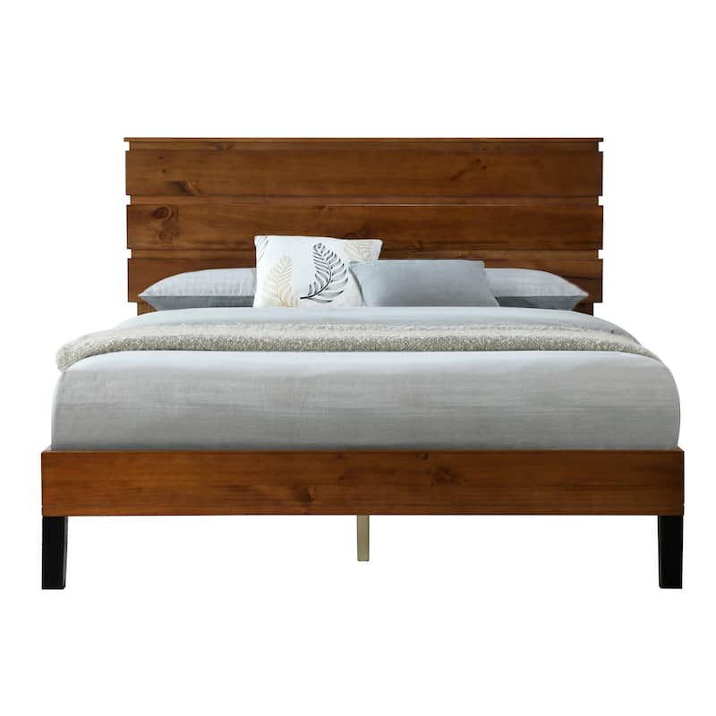 Mid-Century Modern Solid Wood Bed Frame Queen Size Platform Bed with Three-Piece Headboard Design, No Box Spring Needed, Brown