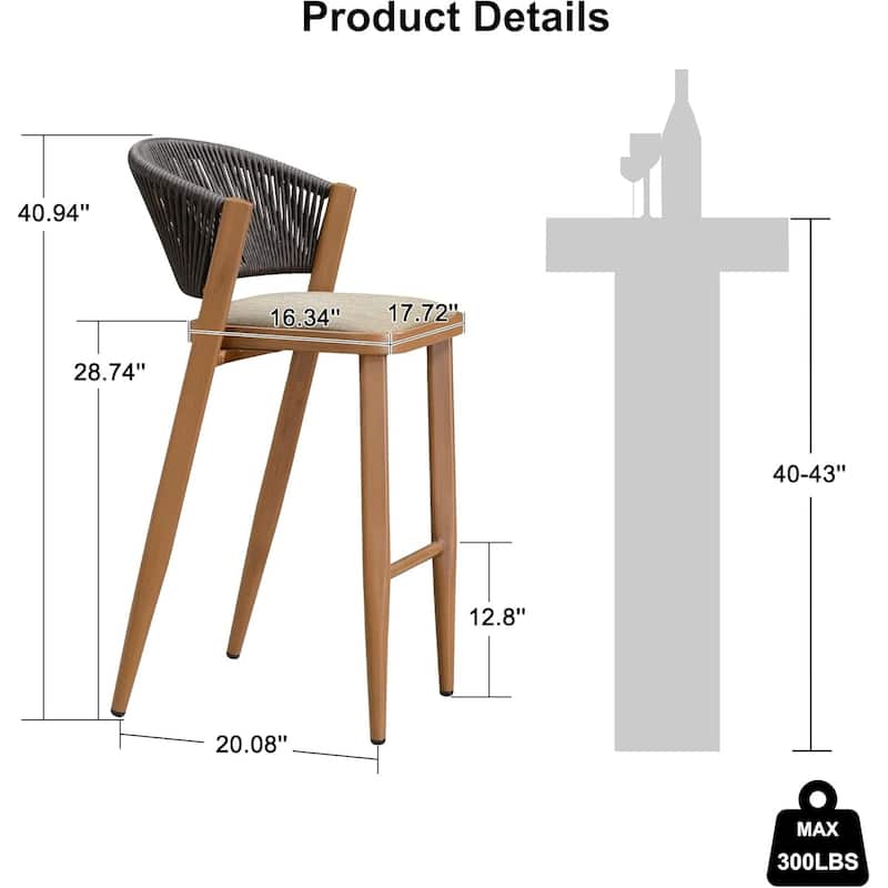 PURPLE LEAF Bar Stool Set of 2 Outdoor Rattan Bar Chair with Back Metal Bar Height Stool Wicker Barstool Dark Grey - N/A