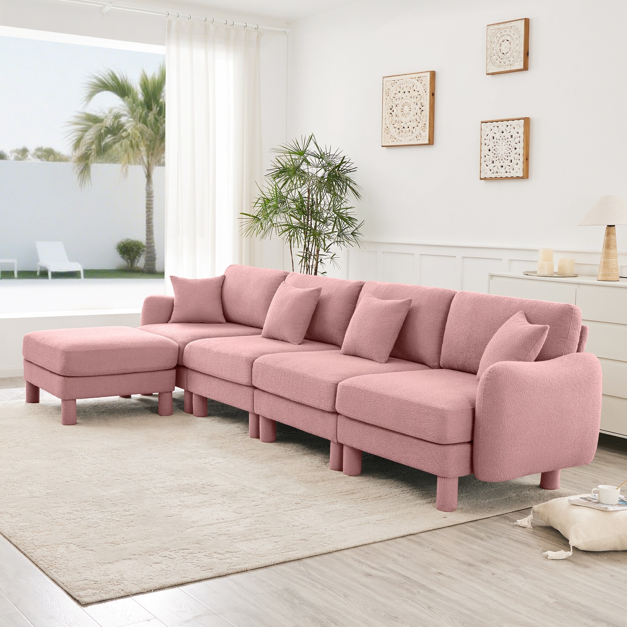 Oversized Modular Sectional Sofa Couch, 141" 4 Seater Boucle Fabric Sofa with Movable Ottoman, Convertible L Shaped Couch