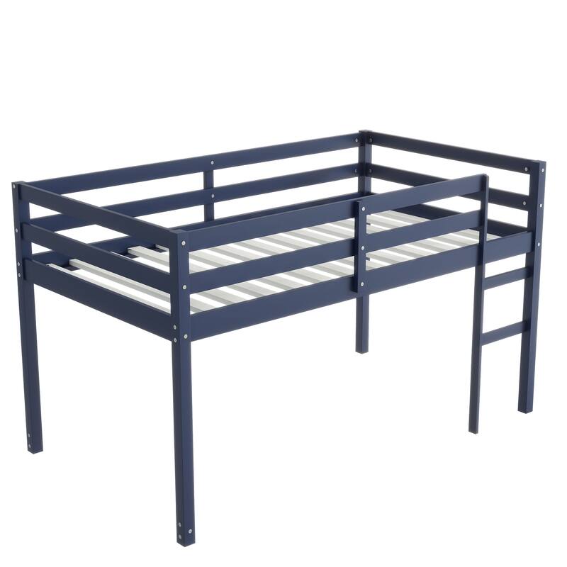 Twin size Rubber Wood Loft Bed with Ladder, 13 Strengthened Slats and Safety Guardrails - Blue