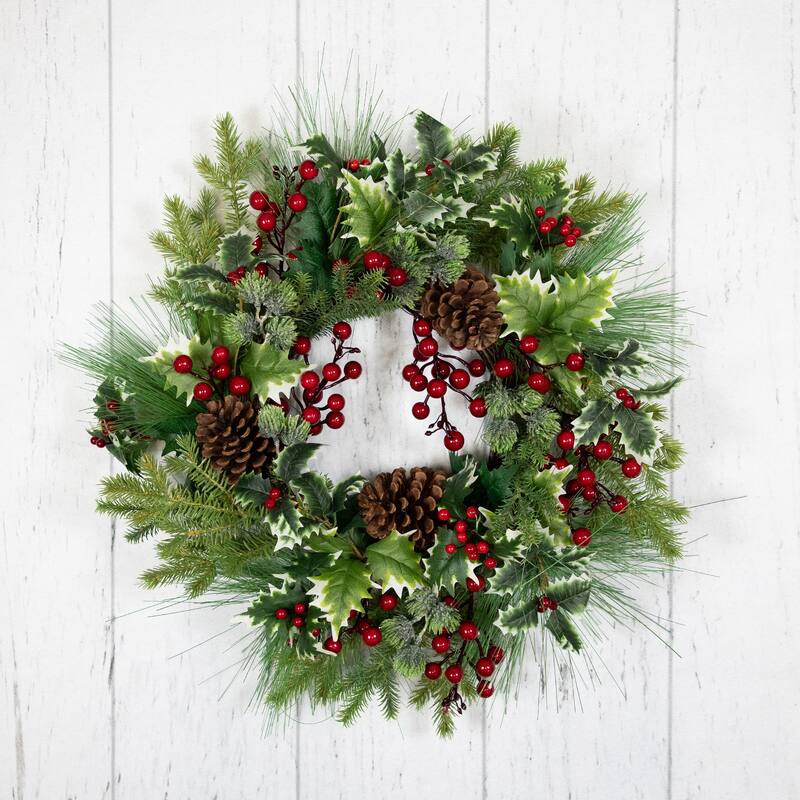 Holly and Berries Frosted Thistle and Pine Artificial Christmas Wreath - 24" - Unlit