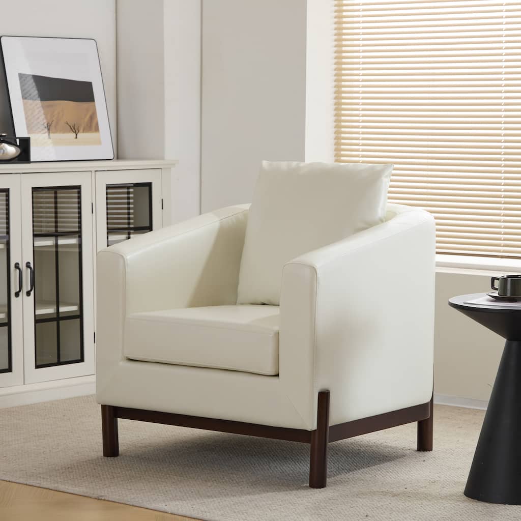 Roomfitters Anurudh Barrel Club Chair with Walnut Base and Modern Faux Leather Upholstery, White+Walnut