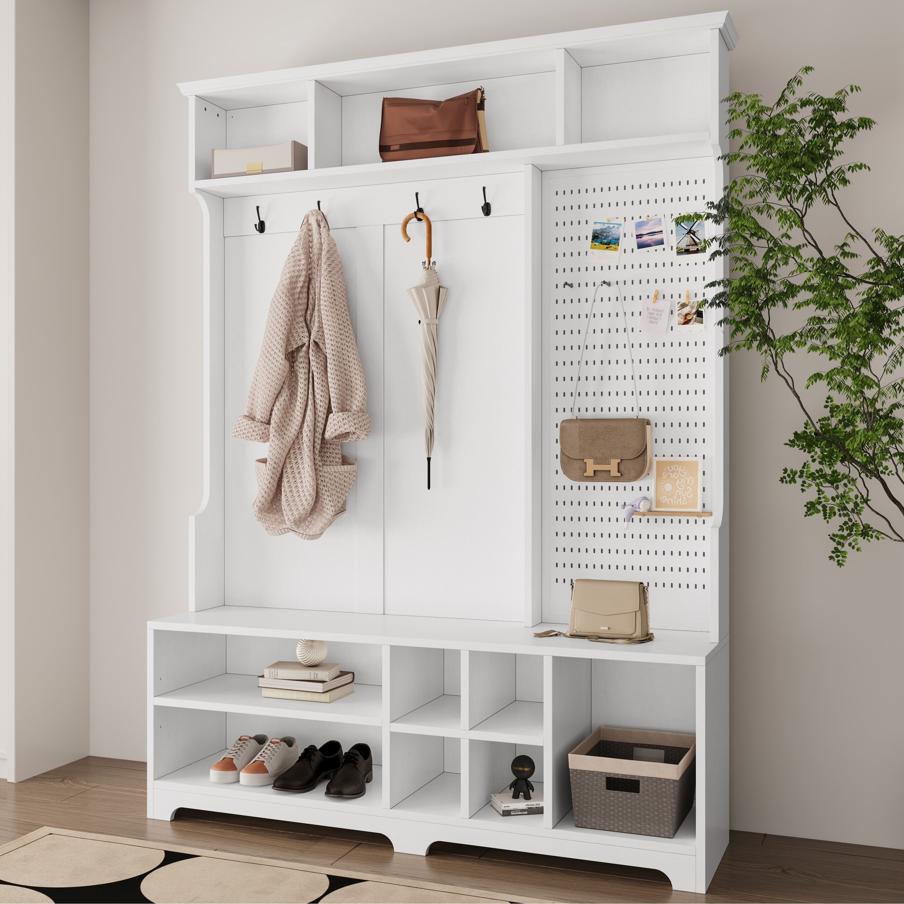Black 47.2 Wide Entryway Storage Bench with Coat Rack 5 in 1 Hall Tree with Shoe Storage and Cushion