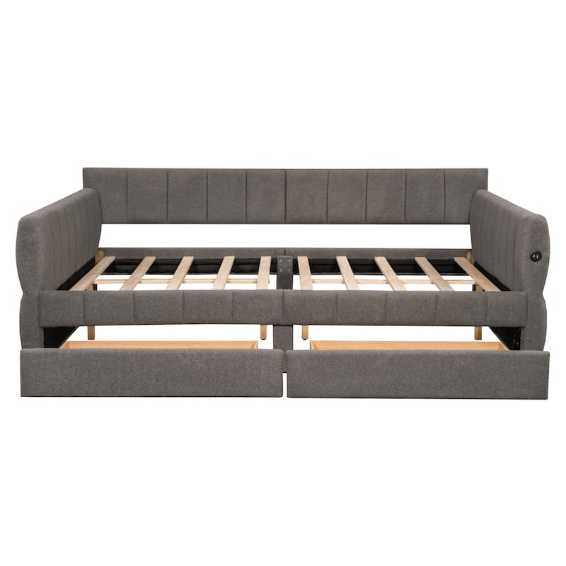 Queen Size Upholstered Platform Bed with USB and 2 Storage Drawers, Low Profile Bed Frame with Wood Slatted Support