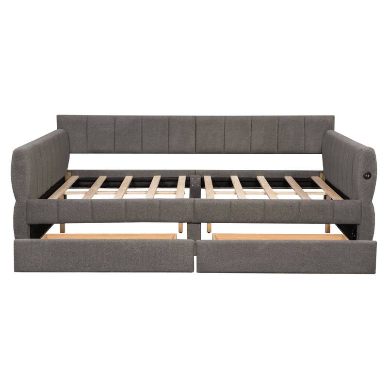 Queen Upholstered Platform Bed Frame with Lambswool Fabric, USB Charging Port, Side Storage Drawers, and Armrest Design