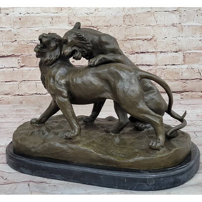 Charles Valton - Preludes To Love - Bronze Sculpture Of Two Tigers On Marble Base