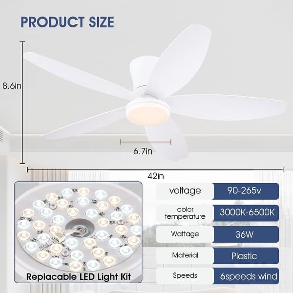 dimension image slide 2 of 4, 36"/42"/48" Low Profile Ceiling Fan with ABS Blades 3 Color LED Light for Bedroom Living Room APP and Remote Control