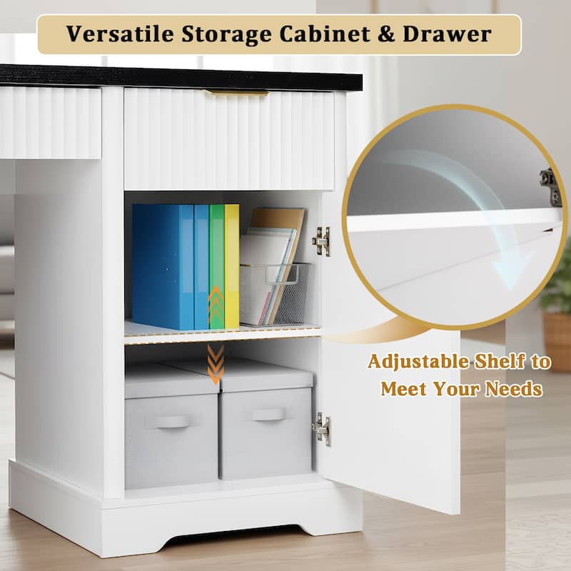 43 Inch Computer Desk with 90 Degree Rotating Desktop, Office Desk with Drawer Cabinets and Shelves for Home Office - White