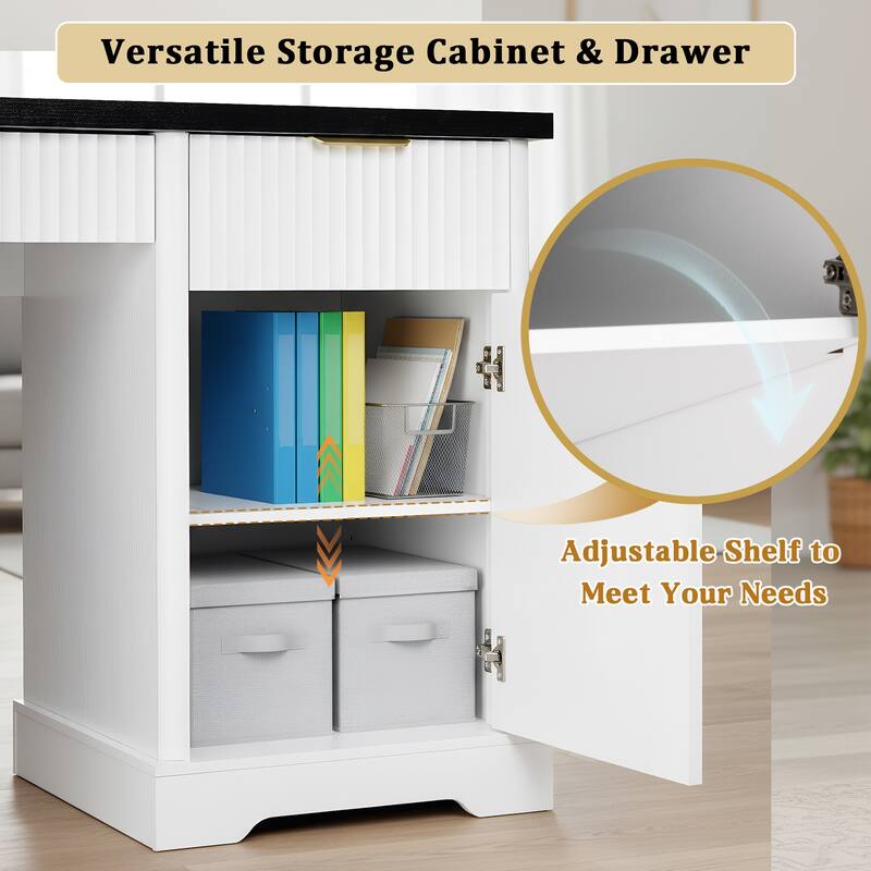 Roomfitters 55" Modern Fluted Office Desk with Charging Station, Storage Cabinet & Pegboard