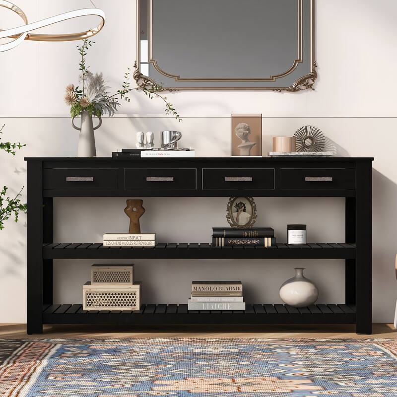 3 Tier Narrow Console Table Entryway Table with 4 Drawers and 2 Storage Shelves for Living Rooms Hallway - Black
