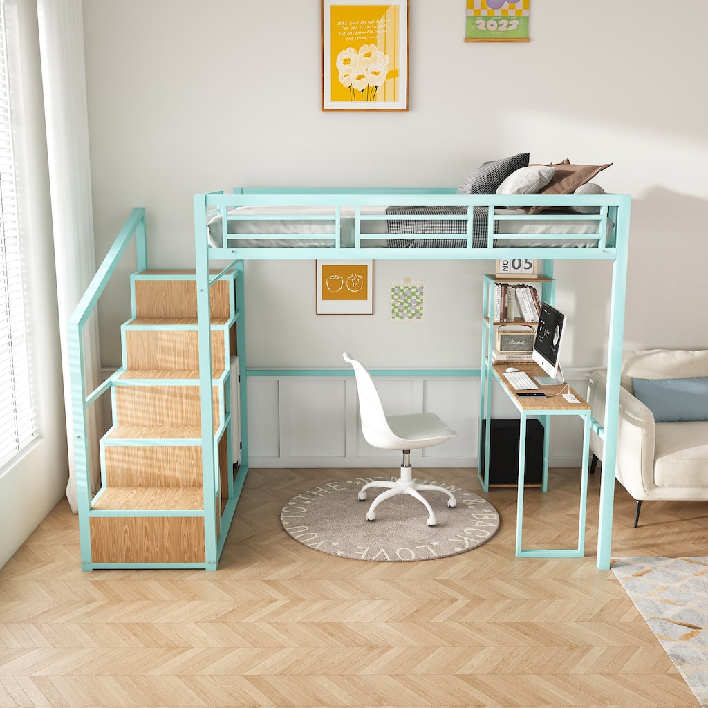 Full-Size Loft Bed with Desk & Storage, Space-Saving Metal Bed Frame with Staircase, USB & Outlet for Kids & Teens