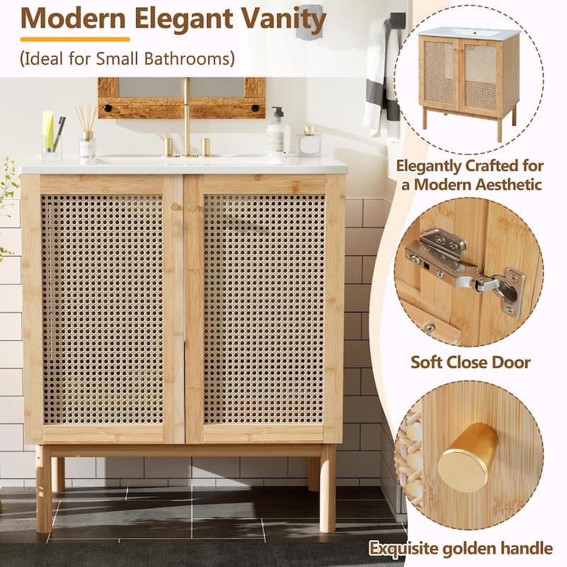 30" Bathroom Vanity with Handmade Rattan Doors - Natural Materials & Soft-Close Mechanisms