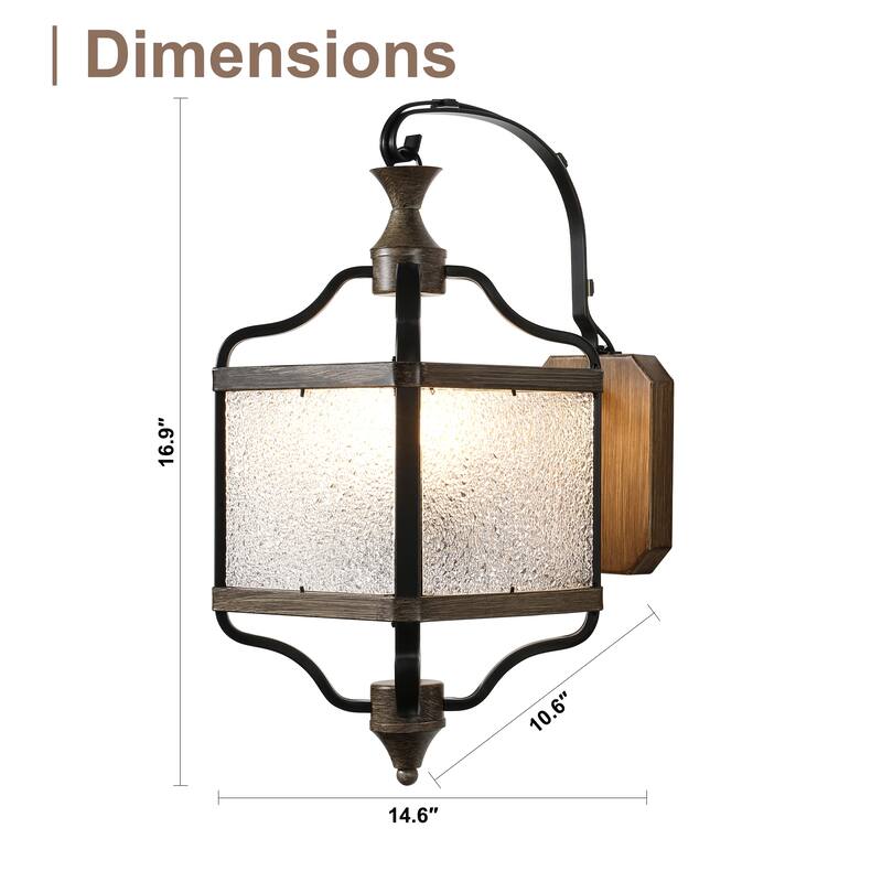 CurveCurio 17" Antique Matte Black Wall Light Metal Farme w/ Glass Shade and Solid Wood Shade, 3 Light Wall Sconces - 12"*8"*17"