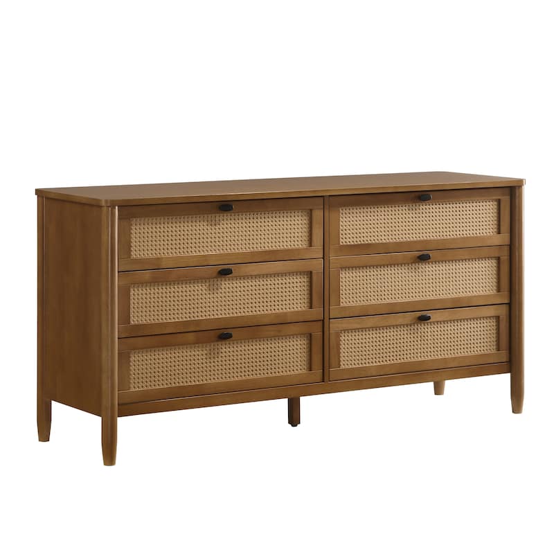 Double Dresser with 6 Rattan Drawer, Floor Standing Wooden Storage Cabinet, Clothing Organizer with Solid Wood Legs