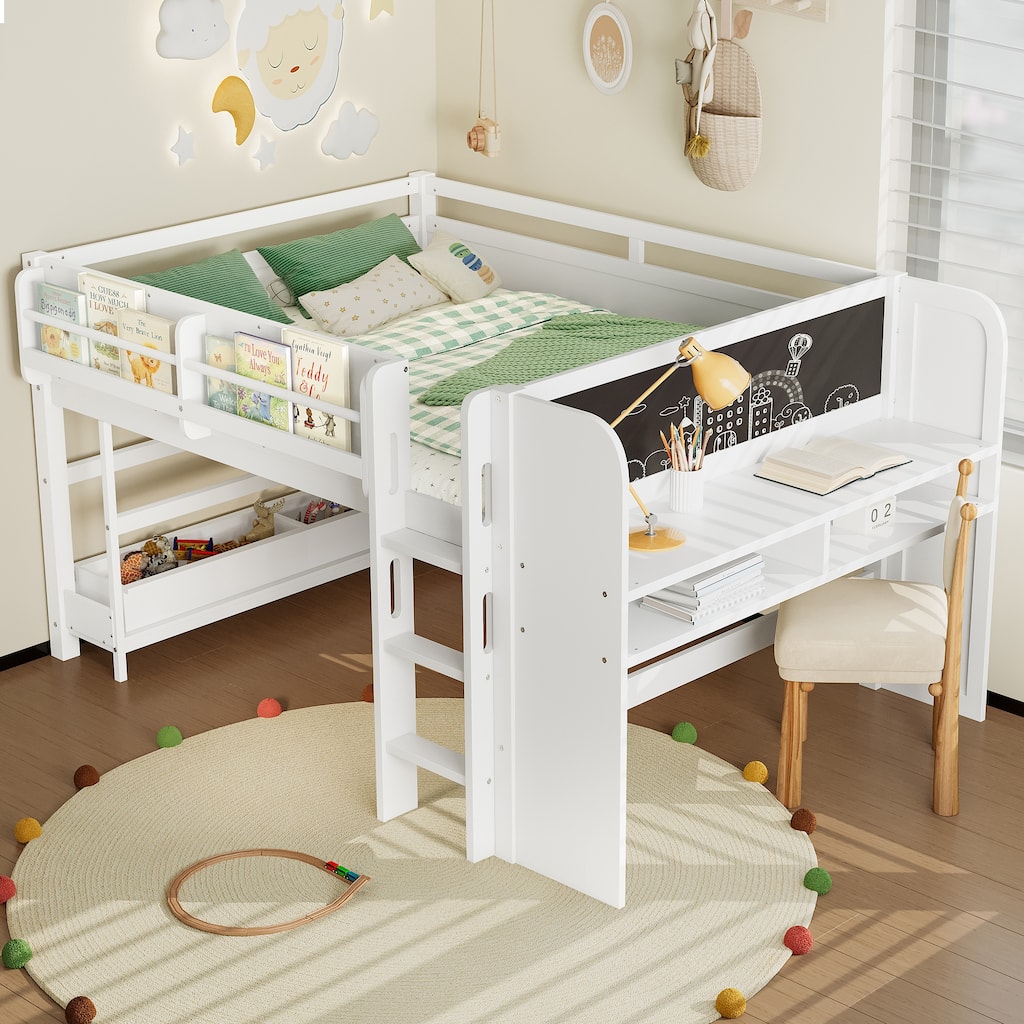 Full/Twin Size Loft Bed with Built-in Desk, Multi-Storage Bookcases & Blackboard, Solid Wood Low Loft Bed Frame