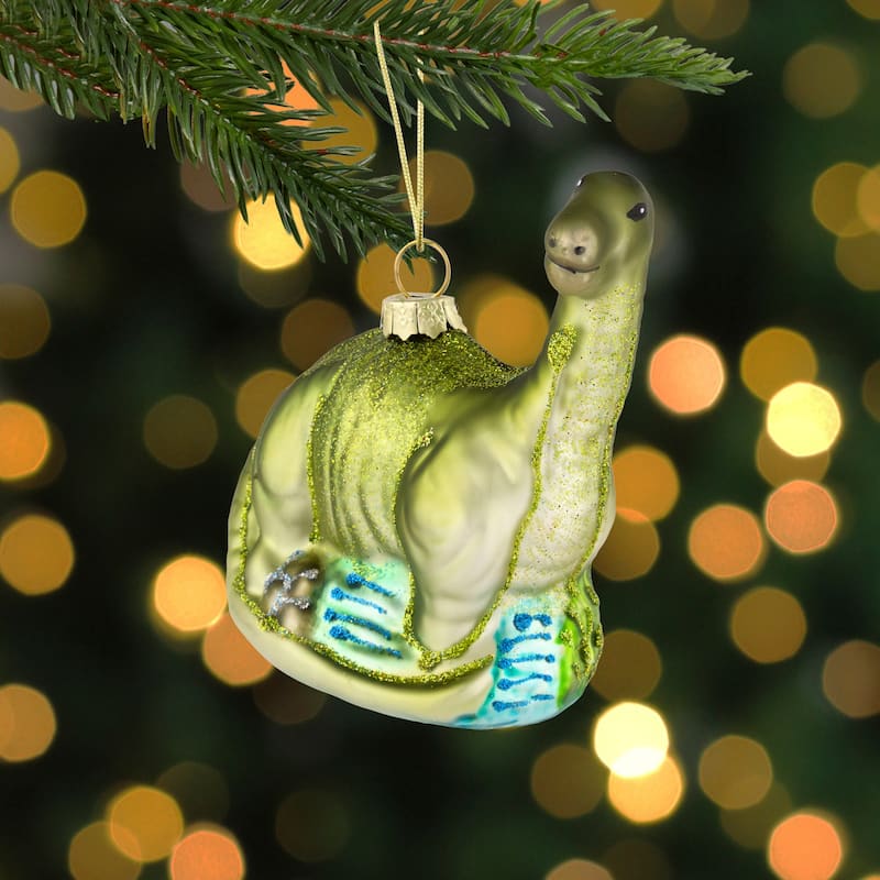 4" Glittered Brontosaurus Dinosaur Glass Christmas Ornament