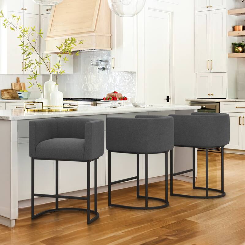 26 in. Counter Height Low Back Bar Stool with Metal Frame Modern Barrel Fabric Bar Stool for Kitchen Island