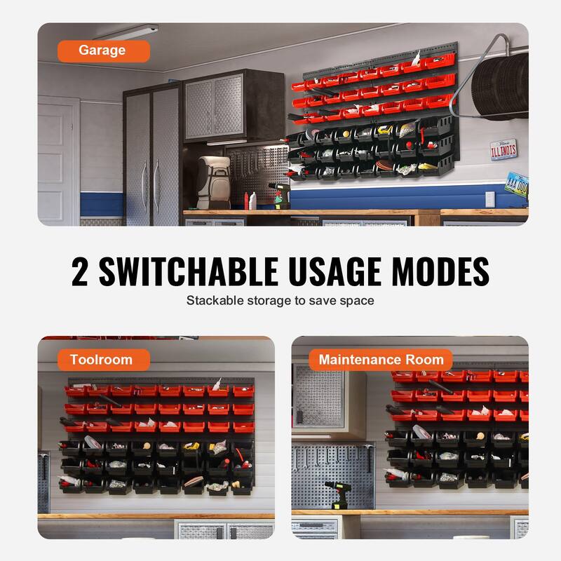 Plastic Wall Mounted 48 Bin Parts Rack Organizer with Wall Panels Perfect for Any Room - 37.40" x 21.34" x 6.77"