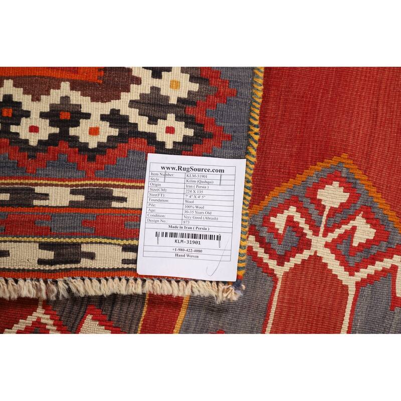 Kilim Qashqai Persian Vintage Rug Hand-Woven Orange Wool Carpet - 4'5"x 7'4"