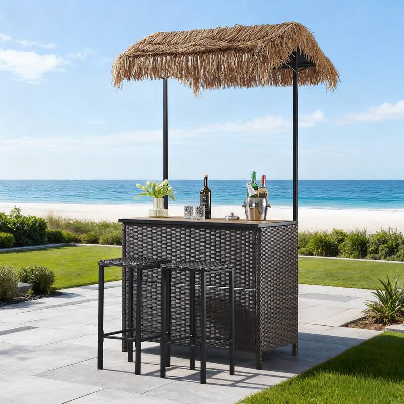 Pocassy Outdoor Patio Tiki Bar Set with 2 Stools Storage for Garden
