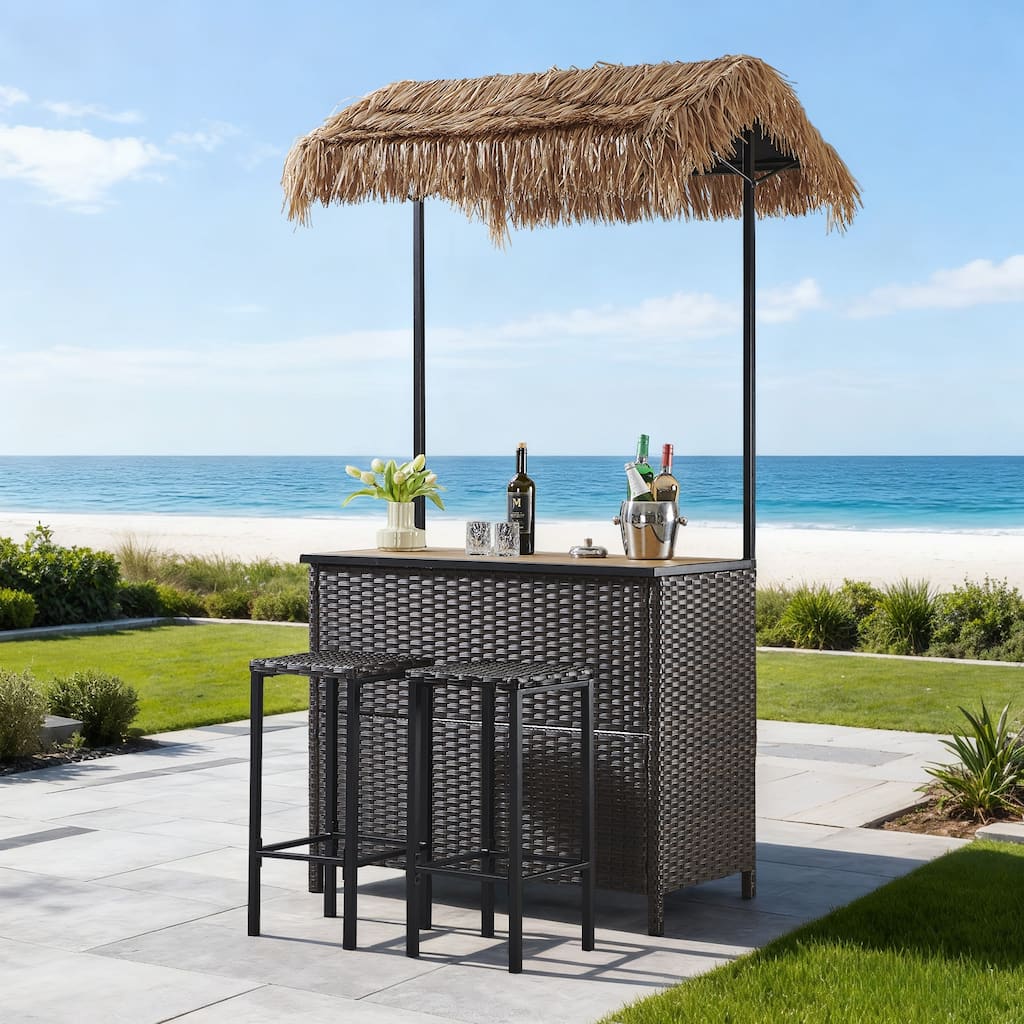 Pocassy Outdoor Tiki Bar Patio Set with 2 Stools Storage for Garden