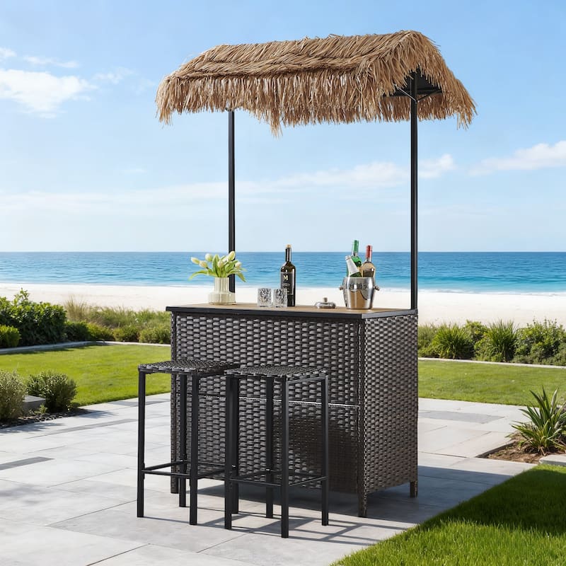 Pocassy Outdoor Tiki Bar Set with 2 Stools Storage for Garden