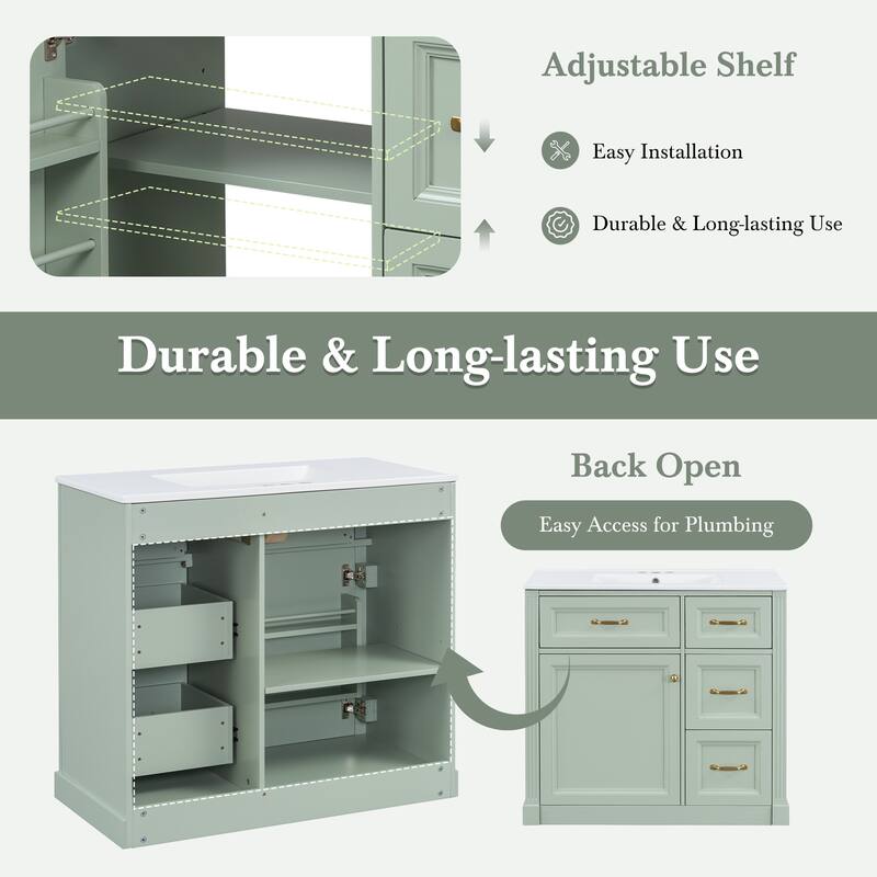 Roomfitters 36" Bathroom Vanity with Sink, Solid Wood Frame, 4 Drawers & Soft-Close Door with Storage Rack