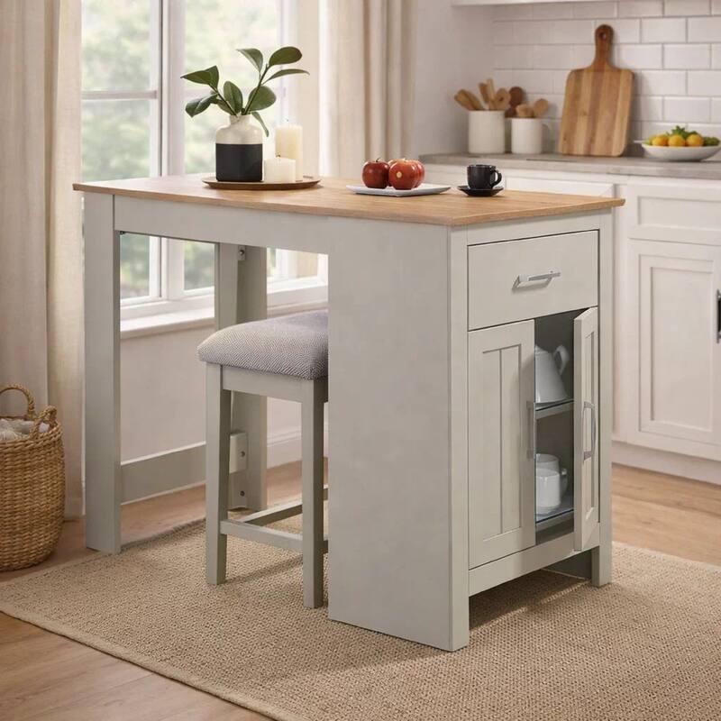 3 Piece Counter Height Dining Table Kitchen Island With Storage, Gray