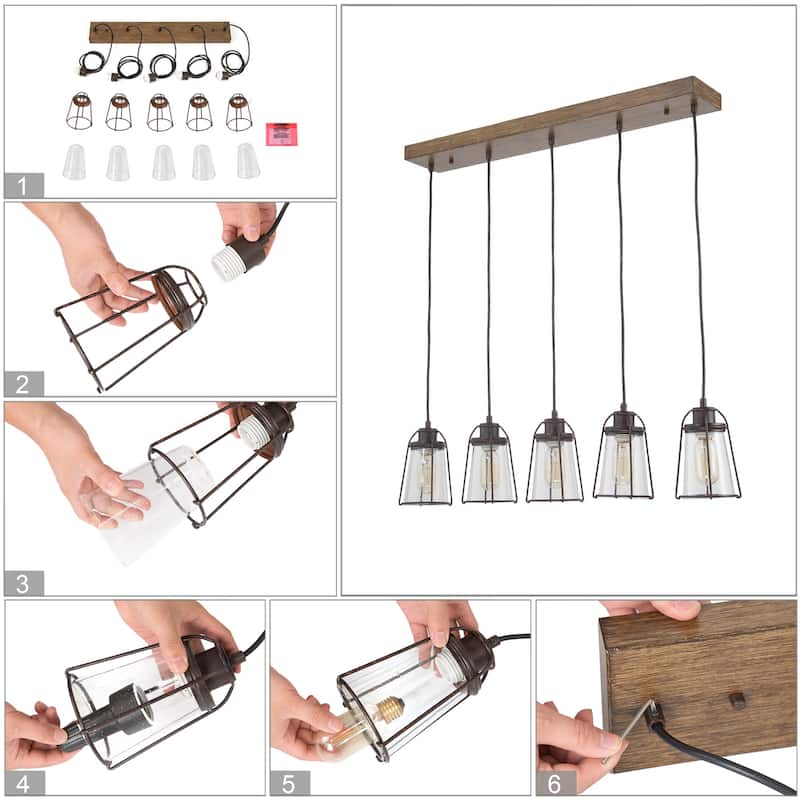 Vintia Farmhouse Rustic 5-light Modern Linear Chandelier Faux Wood LED Dimmable Glass Island Lights - L29" X W4.7" X H69"