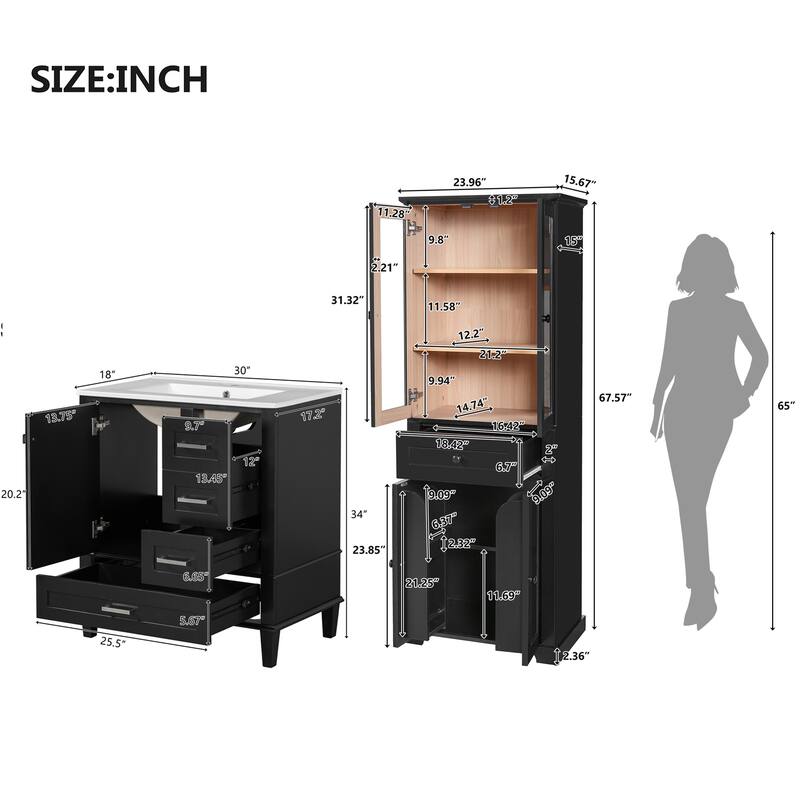 GDFStudio - Fernwell Multifunctional 2-Piece Bathroom Storage Set with Integrated Ceramic Sink Vanity & Tall Cabinet